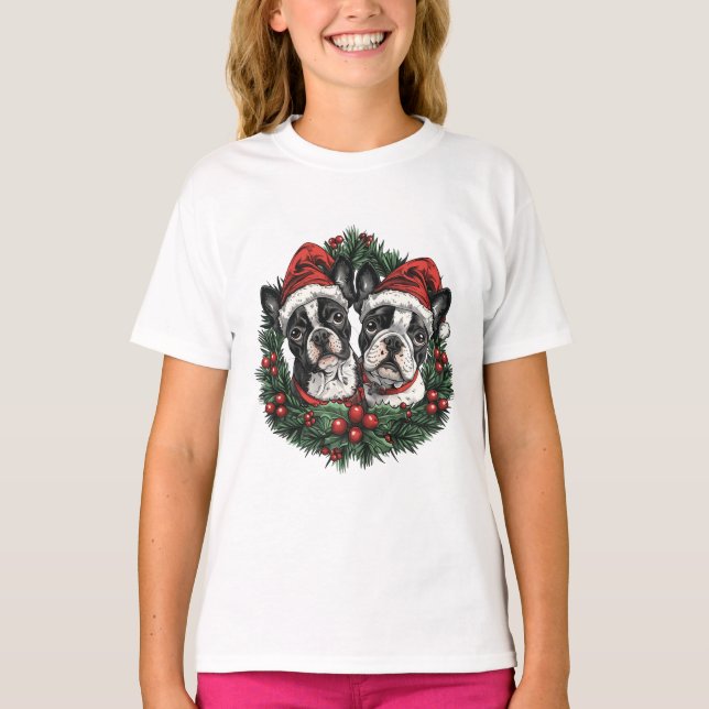 Weihnachten Boston Terrier Dogs Holiday Wreath T-Shirt (Vorderseite)
