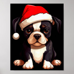 Weihnachten Boston Terrier Hund Santa Hut Lustiges Poster