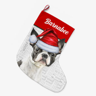 Weihnachten Boston Terrier Name Woof Background Großer Weihnachtsstrumpf