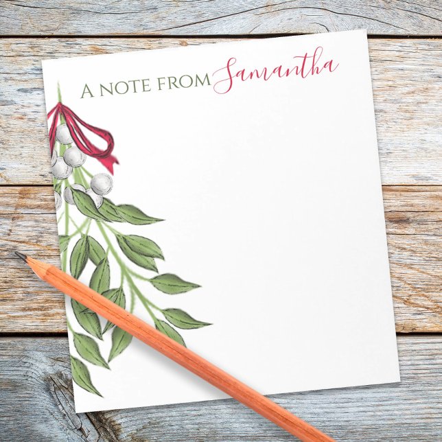 Weihnachten Botanischer Eleganter Urlaub Merken Cu Notizblock (Merry Mistletoe greenery and red ribbon notepad)