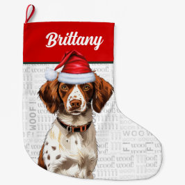 Weihnachten Bretagne Hund mit dem Namen Woof Backg Großer Weihnachtsstrumpf