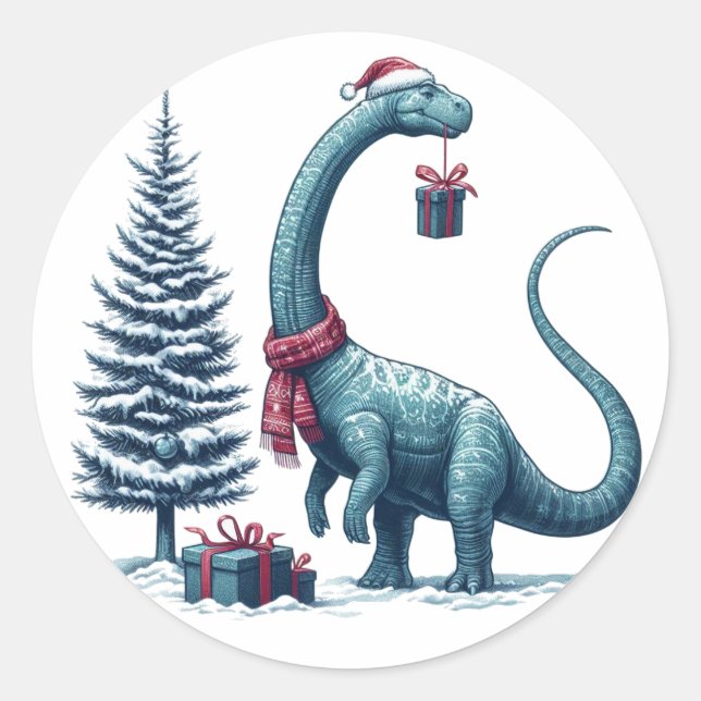 Weihnachten Brontosaurus dinosaurier Runder Aufkleber (Vorderseite)