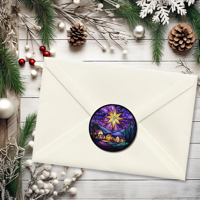 Weihnachten Buntglas Lila Nordstern Geburt Christi Runder Aufkleber (Christmas Stained Glass Purple North Star Nativity Classic Round Sticker)