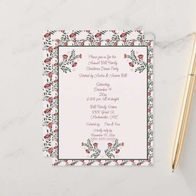 Weihnachten Burgund florale skandinavische Folklor (Vorderseite/Rückseite Beispiel)