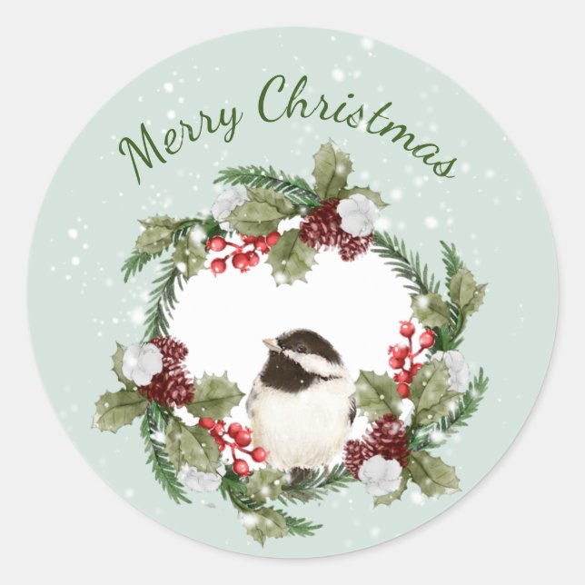 Weihnachten - Chickadee Bird Wasserfarbe Natur Runder Aufkleber (Vorderseite)