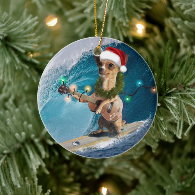 Weihnachten Chihuahua Surfing Keramik Ornament (Baum)