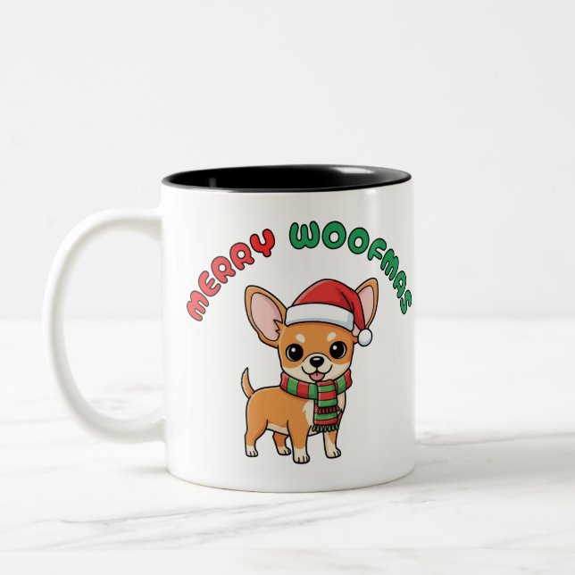 Weihnachten Chihuahua Tasse: Fröhliche Woofmas Zweifarbige Tasse (Links)