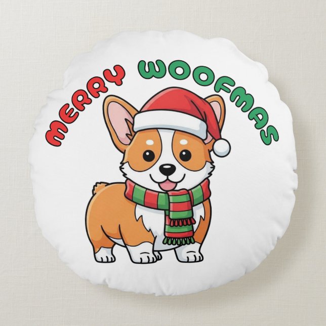 Weihnachten Corgi Round Pillow: Frohe Weihnachten Rundes Kissen (Vorderseite)