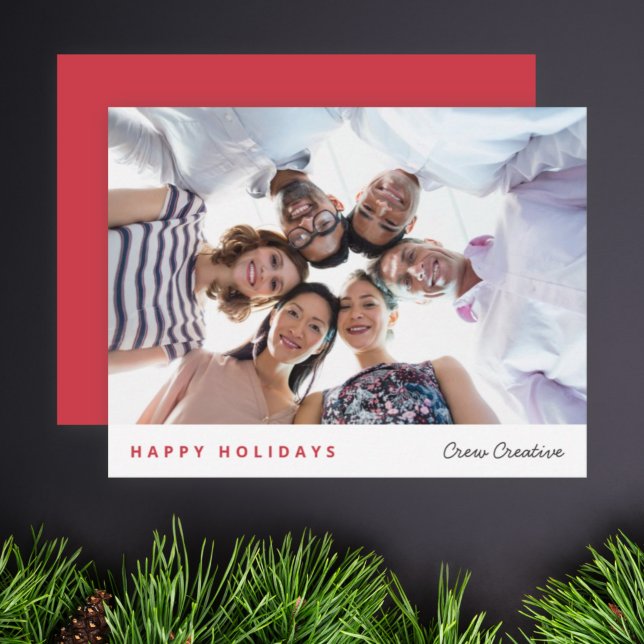 Weihnachten | Corporate Fun Team Foto Red (Corporate team photo card with handwritten company name and bright red festive background)