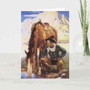 Weihnachten, Cowboy Watering Seines Pferdes durch  Feiertagskarte