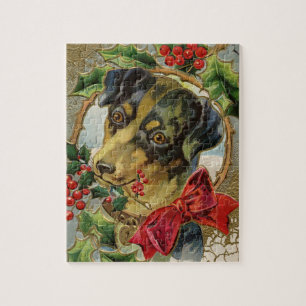 Weihnachten, Dackel Welpen Hund mit Holly Puzzle