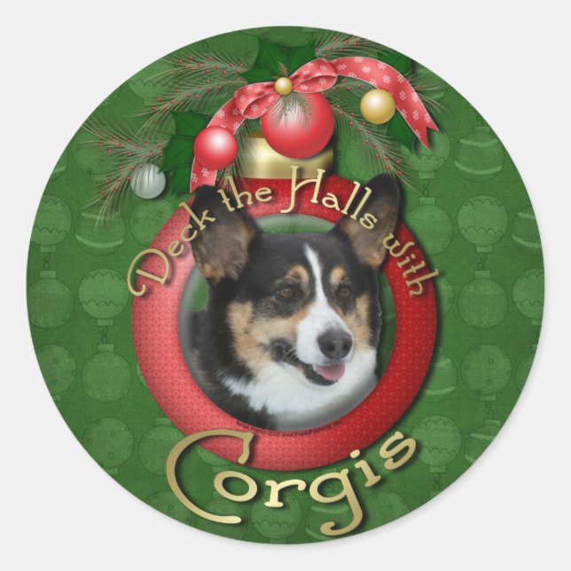 Weihnachten - Deck der Hallen - Corgis Runder Aufkleber (Vorderseite)