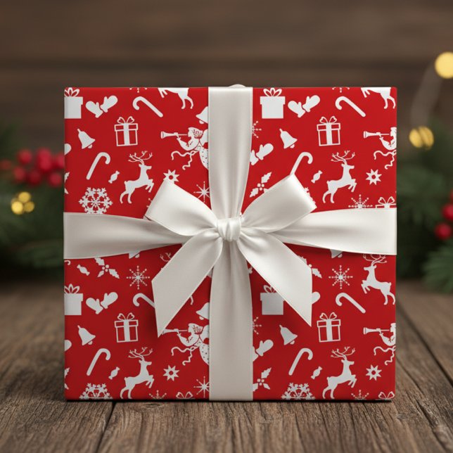 Weihnachten der 50er Jahre in den Farben Rot und W Geschenkpapier (1950s Novelty Red And White Classic Christmas Wrapping Paper)