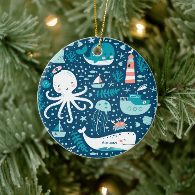 Weihnachten der Marine Blue and White Nautical Oce Keramik Ornament (Baum)