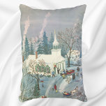 Weihnachten des Jahrgangs, Menschen gehen in die K Dekokissen<br><div class="desc">Vintage Illustration Weihnachtsfeiertag religiöses Design mit einer niedlichen Kapelle in der Wintersaison mit schneebedeckten Bäumen. Die Leute kommen in gezeichnet Pferdekutschen an,  und Rauch steigt aus den Schornsteinen.</div>