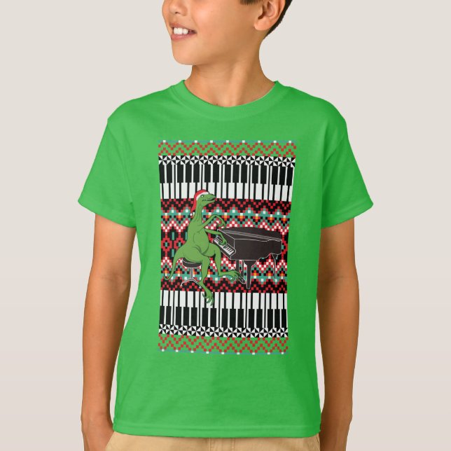Weihnachten-Dinosaurier-Piano T-Shirt (Vorderseite)