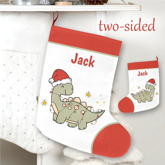 Weihnachten Dinosaurier Weihnachtsmannmütze Name K Großer Weihnachtsstrumpf (Christmas Dinosaur Santa Hat Name Kids two-sided Large Christmas Stocking)