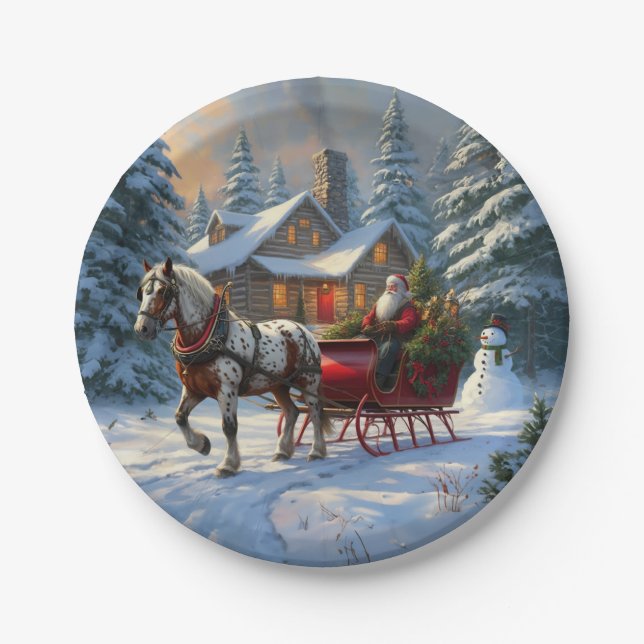 Weihnachten Ein Pferd Sleigh Santa Pappteller (Vorderseite)