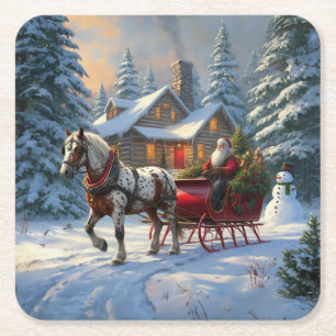 Weihnachten Ein Pferd Sleigh Santa Rechteckiger Pappuntersetzer