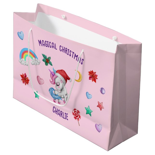Weihnachten Einhorn Geschenk Wrapping Magischer Fe Große Geschenktüte (Vorderseite Schrägansicht)