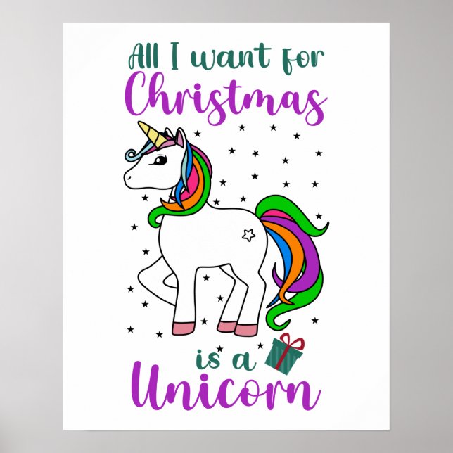 Weihnachten Einhorn Magischer Regenbogen Grün Lila Poster (Vorne)