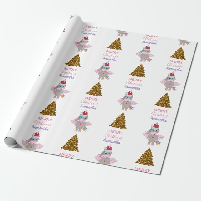 Weihnachten Einhorn Weihnachtsmannmütze Gold Glitz Geschenkpapier (Ungerollt)