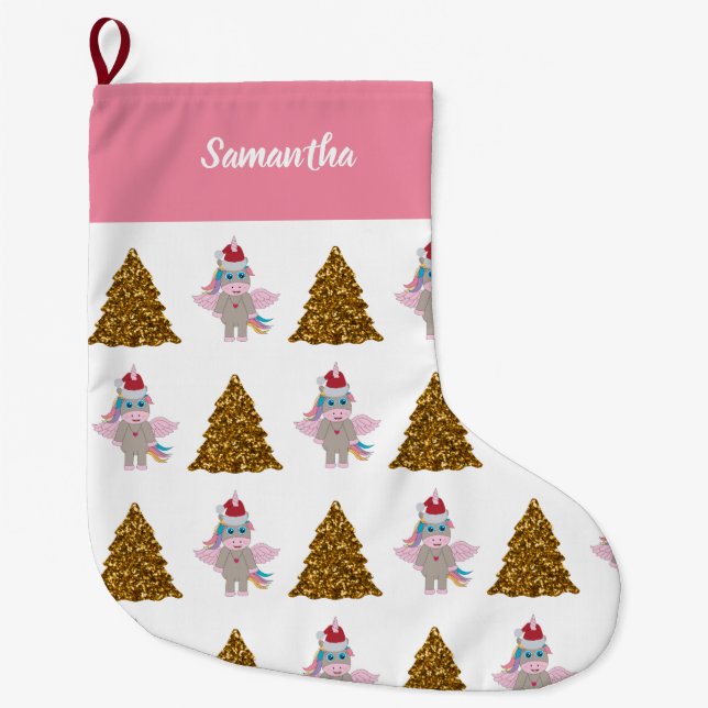 Weihnachten Einhorn Weihnachtsmannmütze Gold Glitz Großer Weihnachtsstrumpf (Vorderseite)