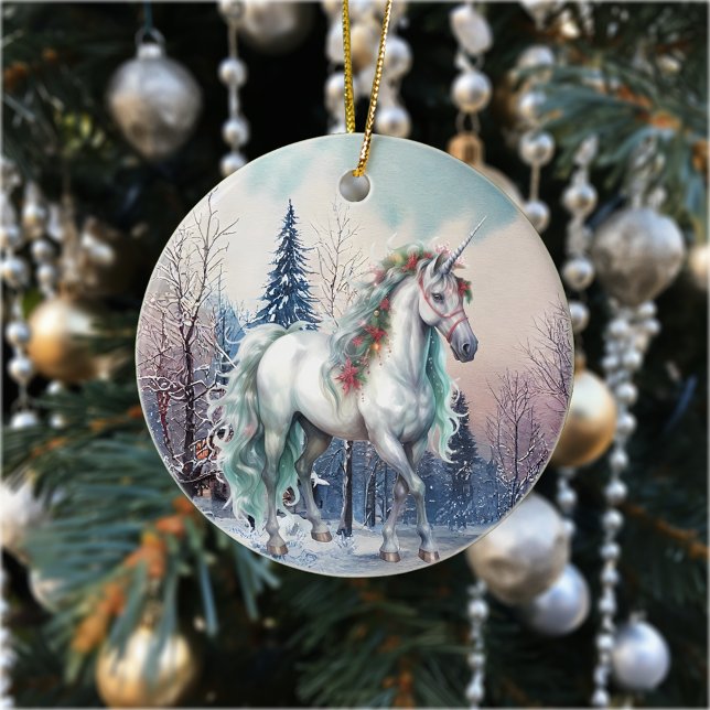 Weihnachten Einhorn Winter Szene Urlaub Keramik Ornament (Von Creator hochgeladen)