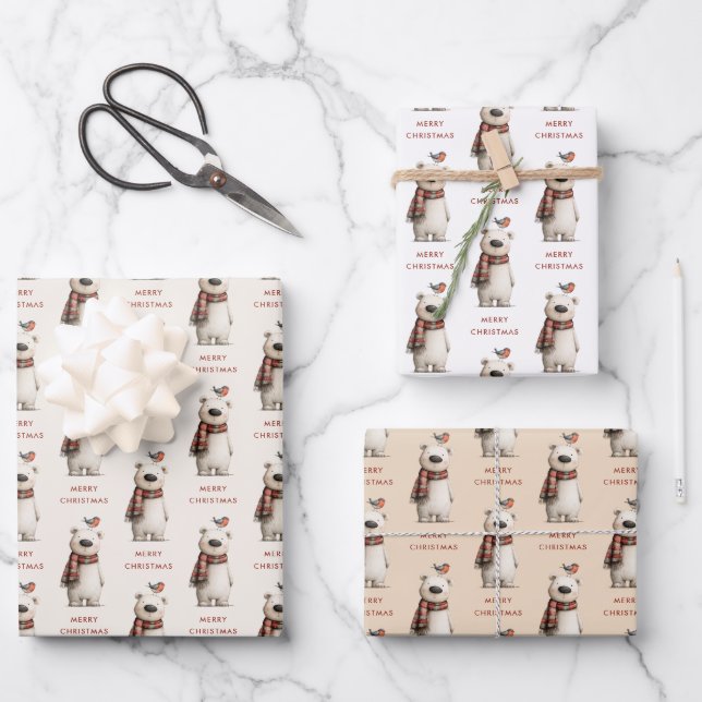 Weihnachten Eisbär Robin Muster weiß und creme Geschenkpapier Set (Vorderseite)