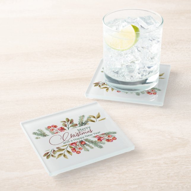 Weihnachten Elegante Wasserfarbe Glasuntersetzer (Schrägansicht)