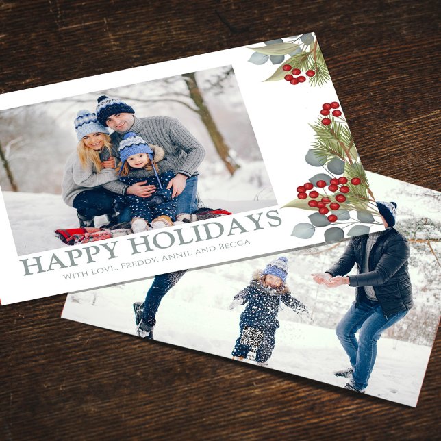 Weihnachten Elegante Winter Holly Berries 2 Foto (Happy Holidays photo card with blue eucalyptus and winter greenery. )