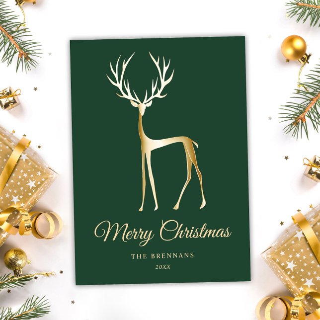 Weihnachten Eleganter Minimalistischer Grüner Rent (Christmas Elegant Minimalist Green Gold Reindeer Holiday Card)