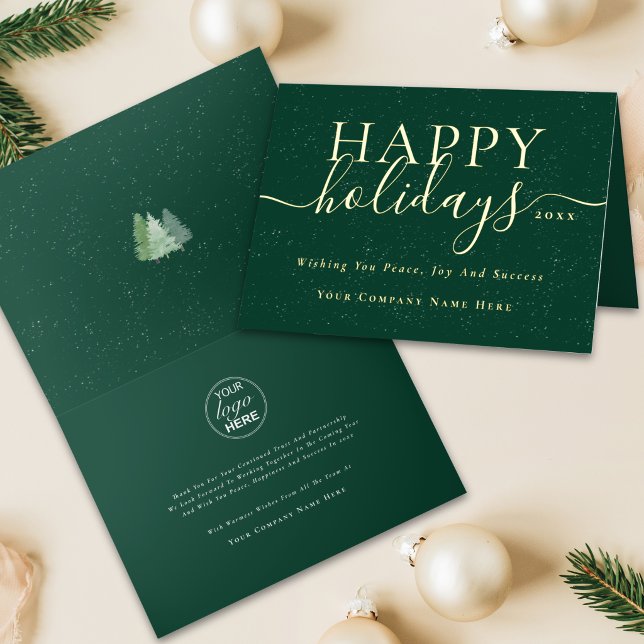 Weihnachten Elegantes Skript Geschäft-Logo Grün Go (Elegant script corporate Christmas business logo green and gold foil holiday card Festive trees snow)