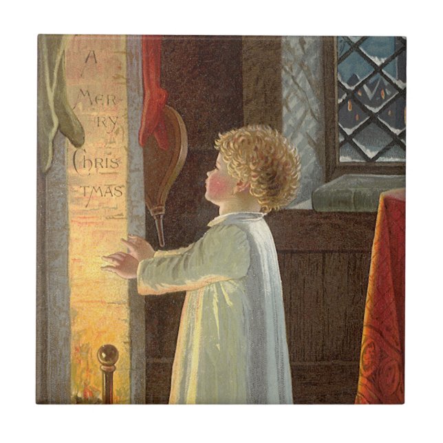 Weihnachten, Erwärmung des Kindes am Kamin Fliese (Vorderseite)