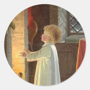 Weihnachten, Erwärmung des Kindes am Kamin Runder Aufkleber