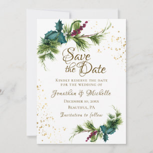 Weihnachten Evergreen Red Berries Winter Wedding Save The Date