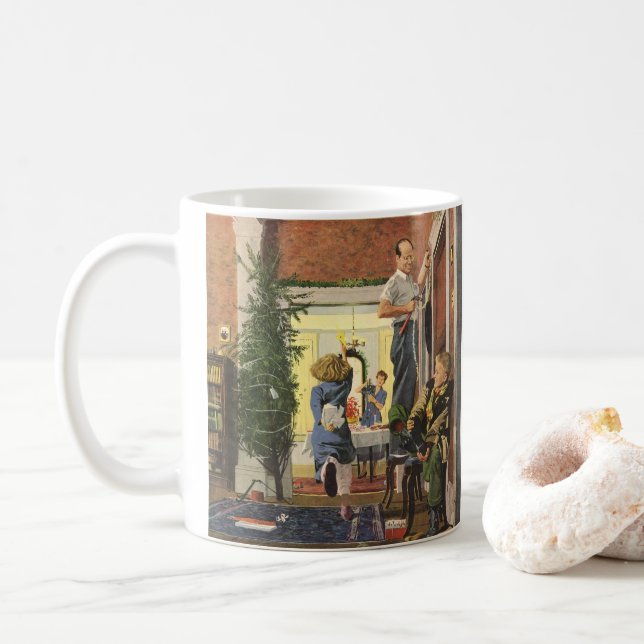 Weihnachten, Familie Dekorieren des Hauses Kaffeetasse (Mit Donut)