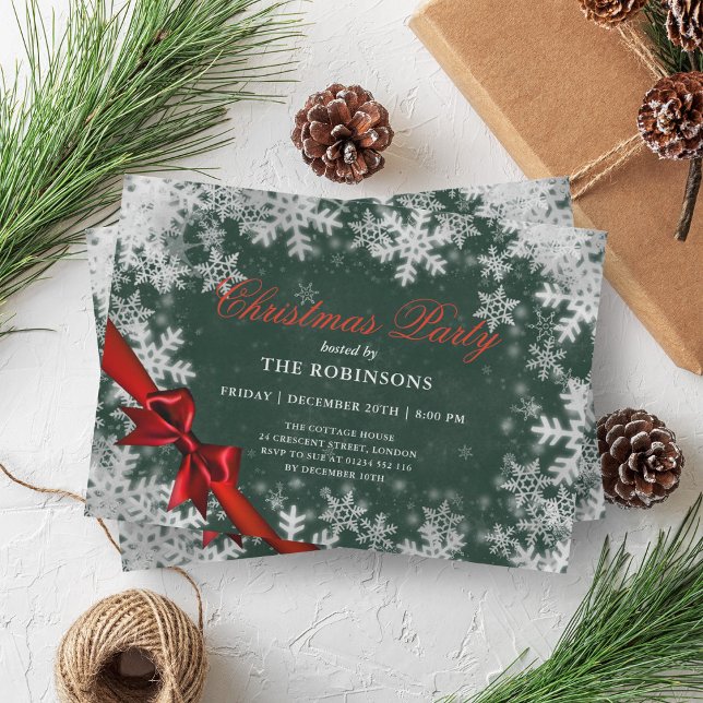 Weihnachten Feiertag Silver Red Ribbon Green Einladung (Festive Holiday Christmas Silver Red Ribbon Green Invitation)