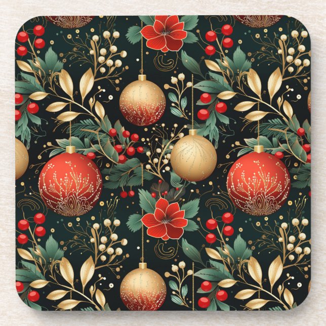 Weihnachten Floral Berry Gold Rote Ornament Getränkeuntersetzer (Vorderseite)