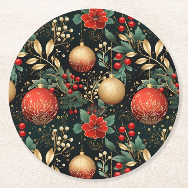 Weihnachten Floral Berry Gold Rote Ornament Runder Pappuntersetzer (Vorderseite)
