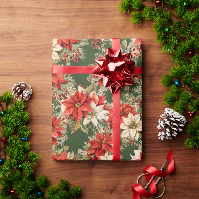 Weihnachten Floral Winter Große Poinsettias Geschenkpapier (Feiertagsgeschenk)