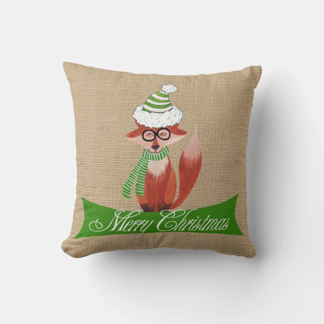 Weihnachten Fox auf Imitaten Burlap Pillow Kissen (Vorderseite)