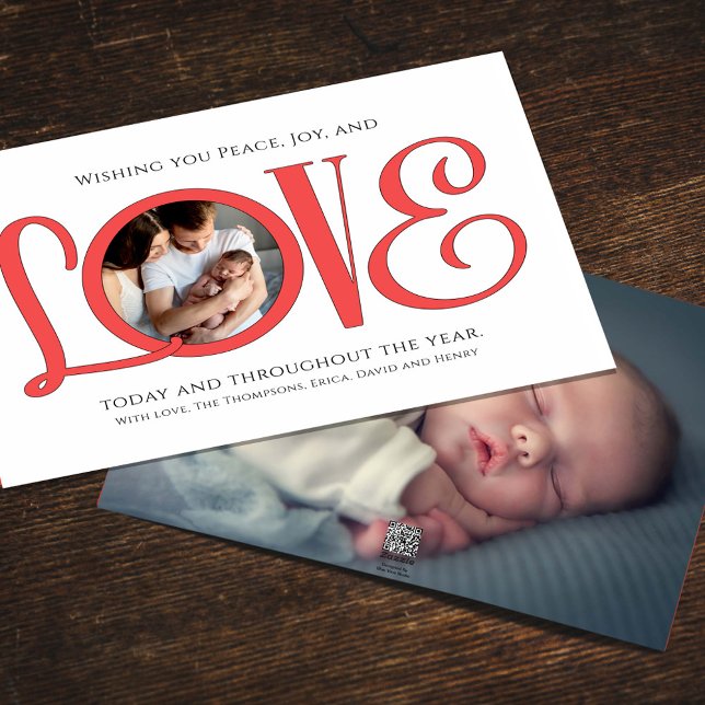 Weihnachten Frieden Freude und Liebe Niedlich Mode (Christmas holiday "Love" typography greeting card with photo template. )