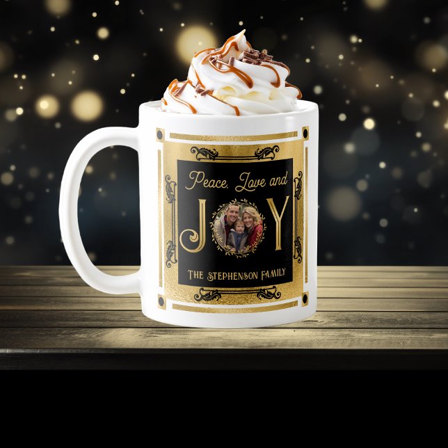 Weihnachten Frieden Liebe und Freude Familie Foto Kaffeetasse (Christmas Peace, Love and Joy Family Photo Coffee Mug -- Black and Faux Gold)