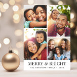 Weihnachten froh und hell 4 Foto<br><div class="desc">Moderne Weihnachtsgrüßkarte mit einer 4-Foto-Collage,  "Merry & Bright" in eleganter Typografie und Ihrem Familiennamen und dem Jahr.</div>