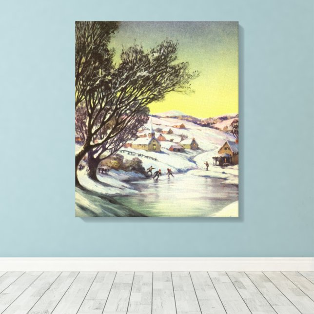 Weihnachten, Frozen See mit Eis Skater Leinwanddruck (Insitu (Holzboden))