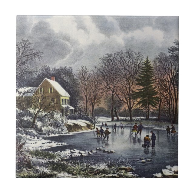 Weihnachten, Frühe Winter Skater auf einem Teich Fliese (Vorderseite)