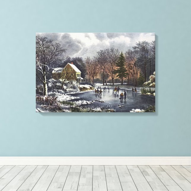 Weihnachten, Frühe Winter Skater auf einem Teich Leinwanddruck (Insitu (Holzboden))