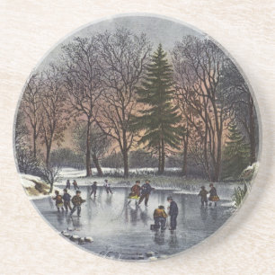 Weihnachten, Frühe Winter Skater auf einem Teich Sandstein Untersetzer