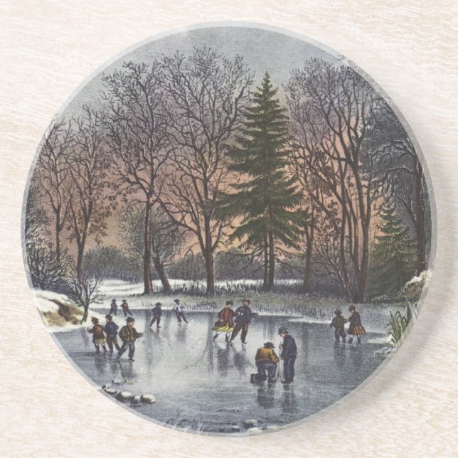 Weihnachten, Frühe Winter Skater auf einem Teich Sandstein Untersetzer (Vorne)